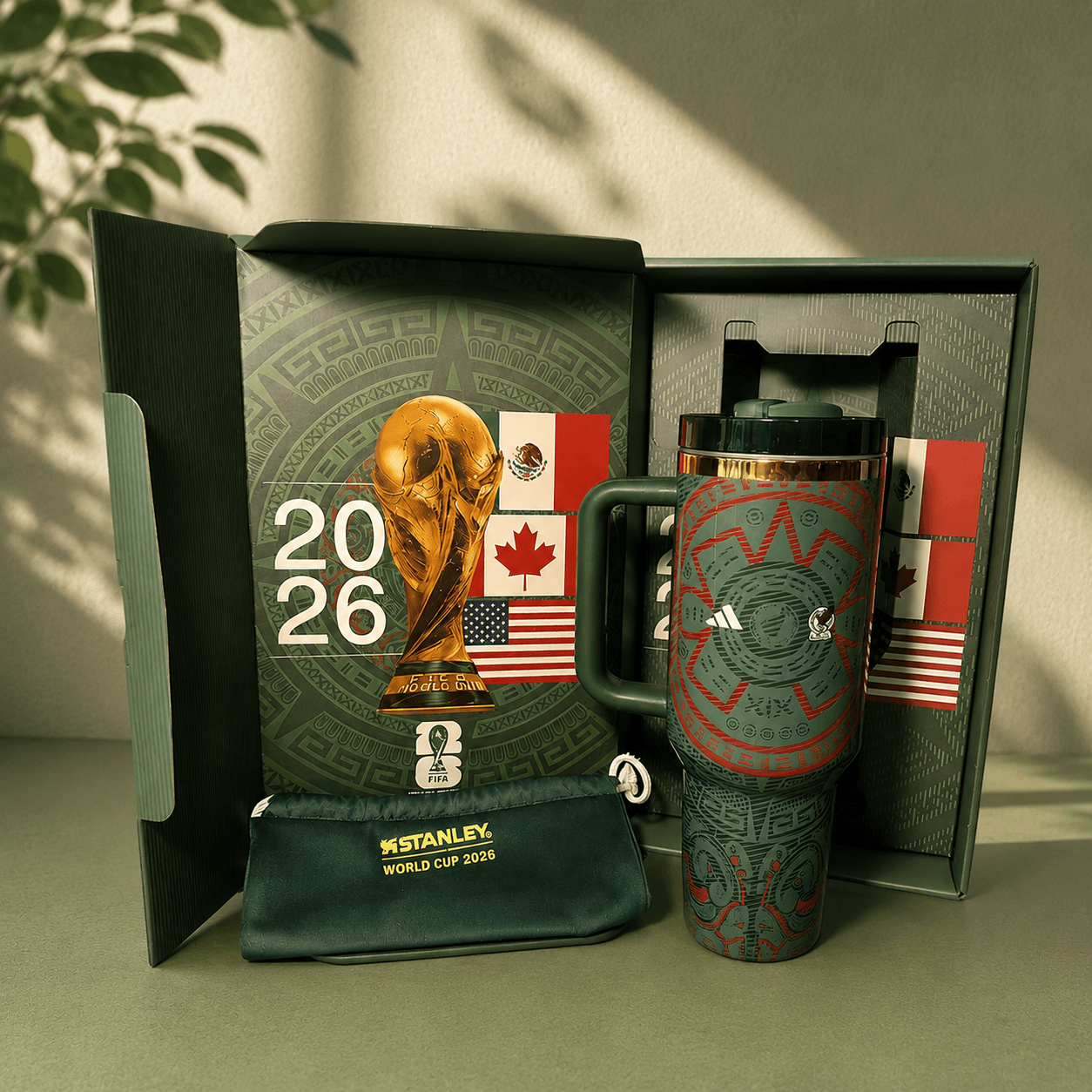 Stanley World Cup 2026 mug and pouch set with decorative box