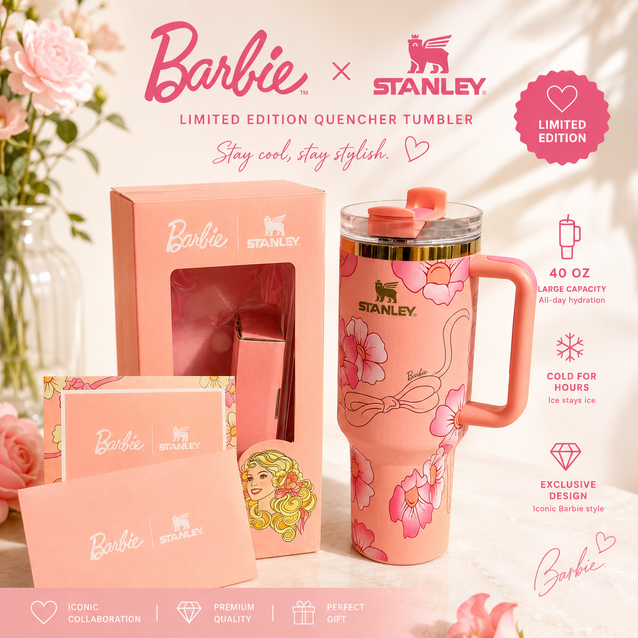 Barbie x Stanley limited edition tumbler with packaging on a light background