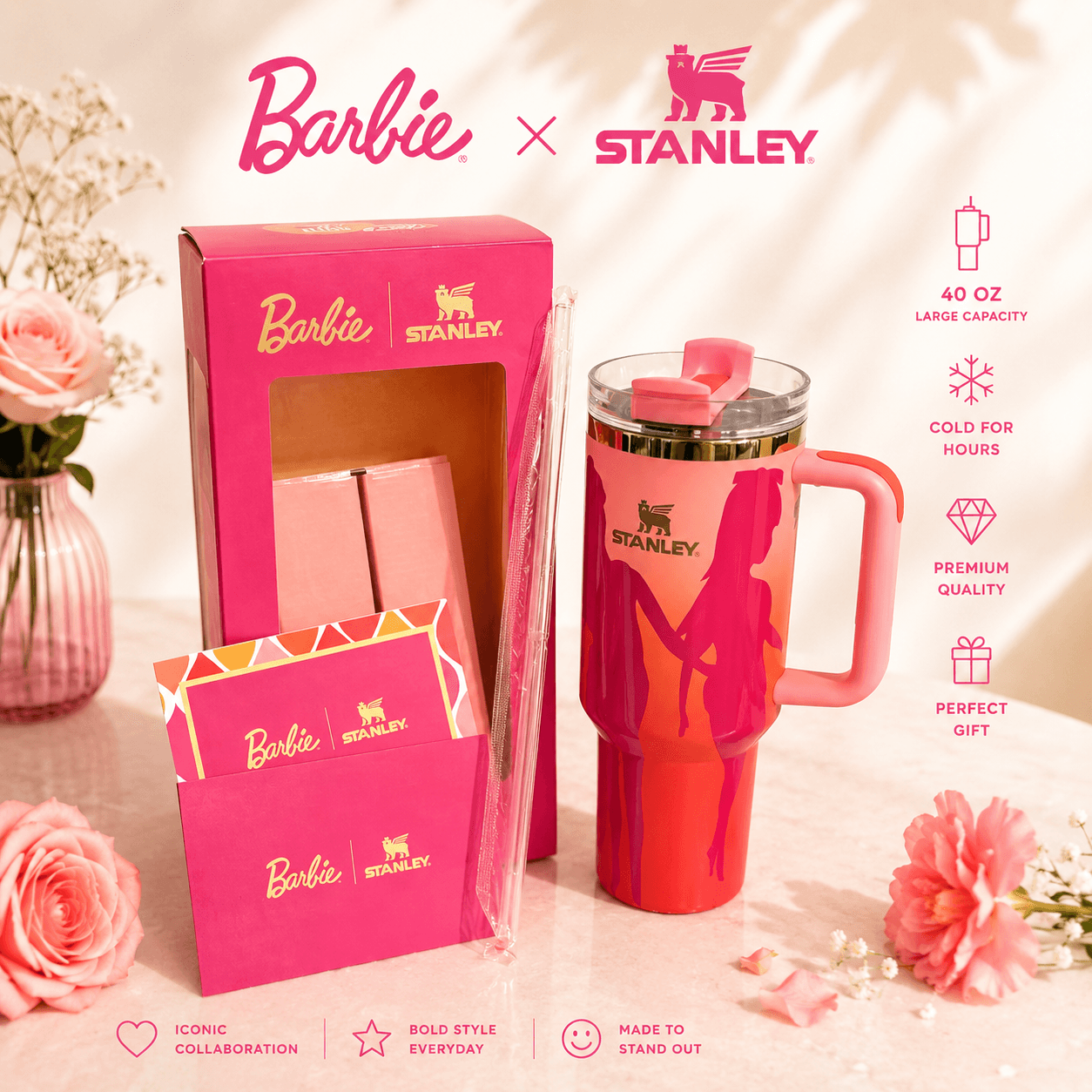 Barbie x Stanley mug with packaging on a decorative background