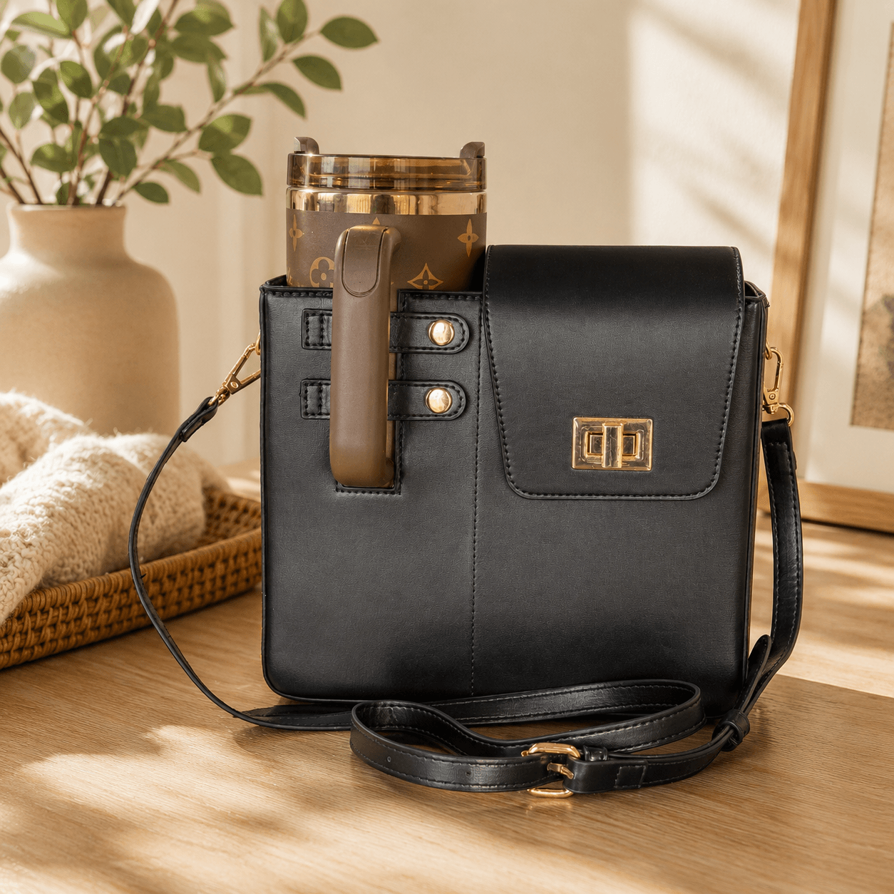 Black handbag with a brown handle on a wooden surface, with a plant and vase in the background.