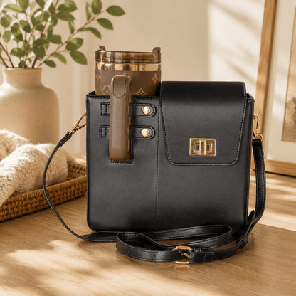 Black handbag with a brown handle on a wooden surface, with a plant and vase in the background.