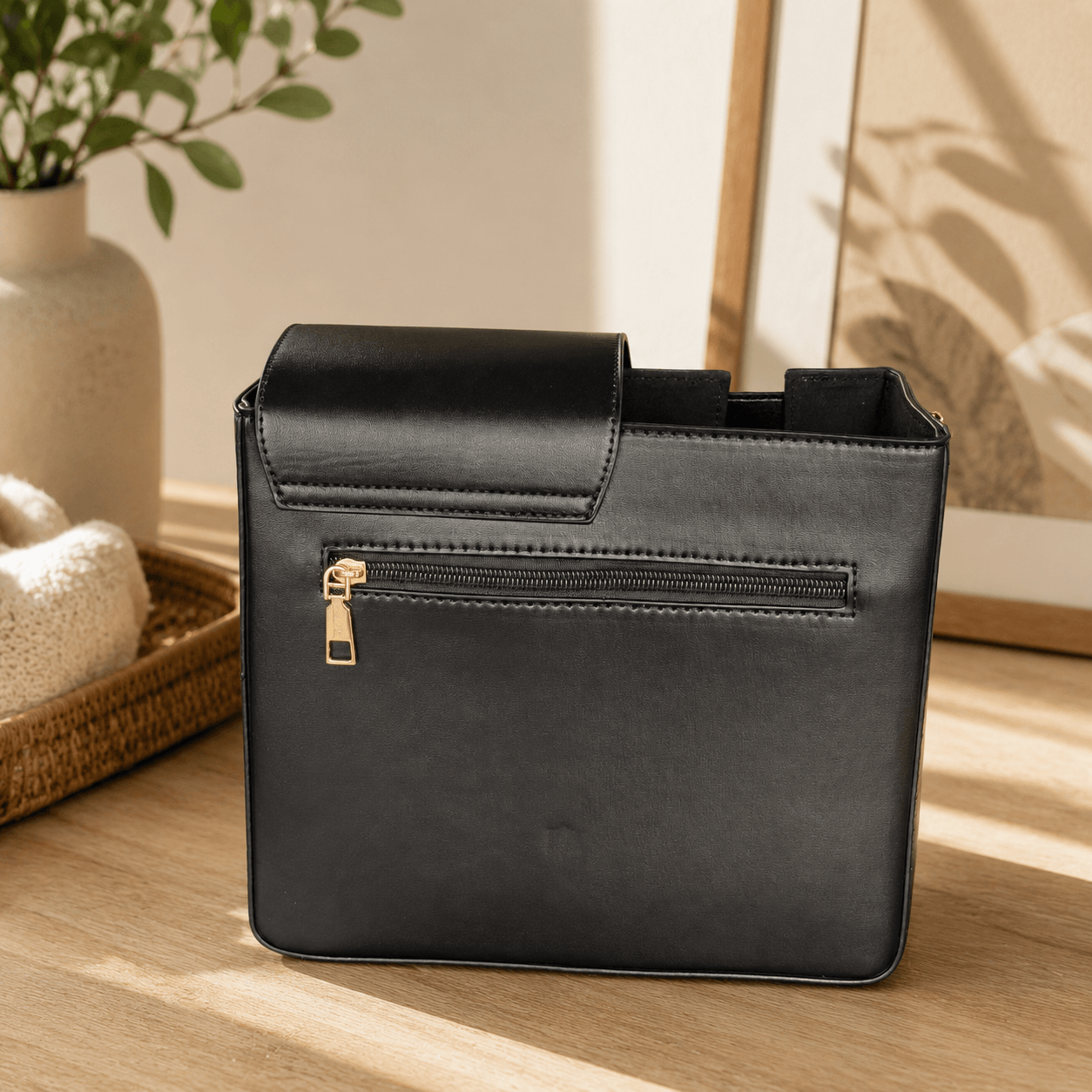 Black leather handbag with gold zipper on a wooden surface with a neutral background
