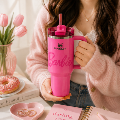 Person holding a pink Stanley Barbie mug with tulips and a donut in the background
