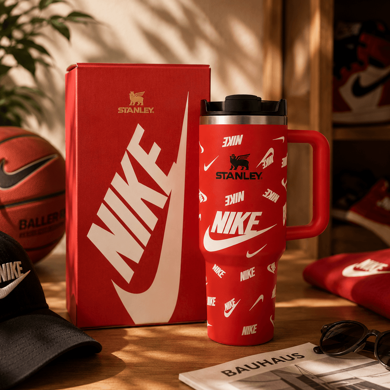 Red Nike and Stanley mug on a wooden surface with a plant and sports ball in the background