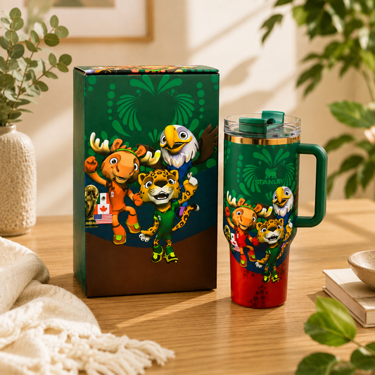 Colorful tumbler with cartoon characters on a wooden surface, next to its packaging.