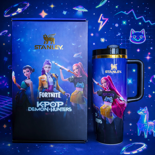 Stanley 40oz insulated tumbler featuring Fortnite K-Pop Demon Hunters artwork, blue neon background and black ergonomic handle