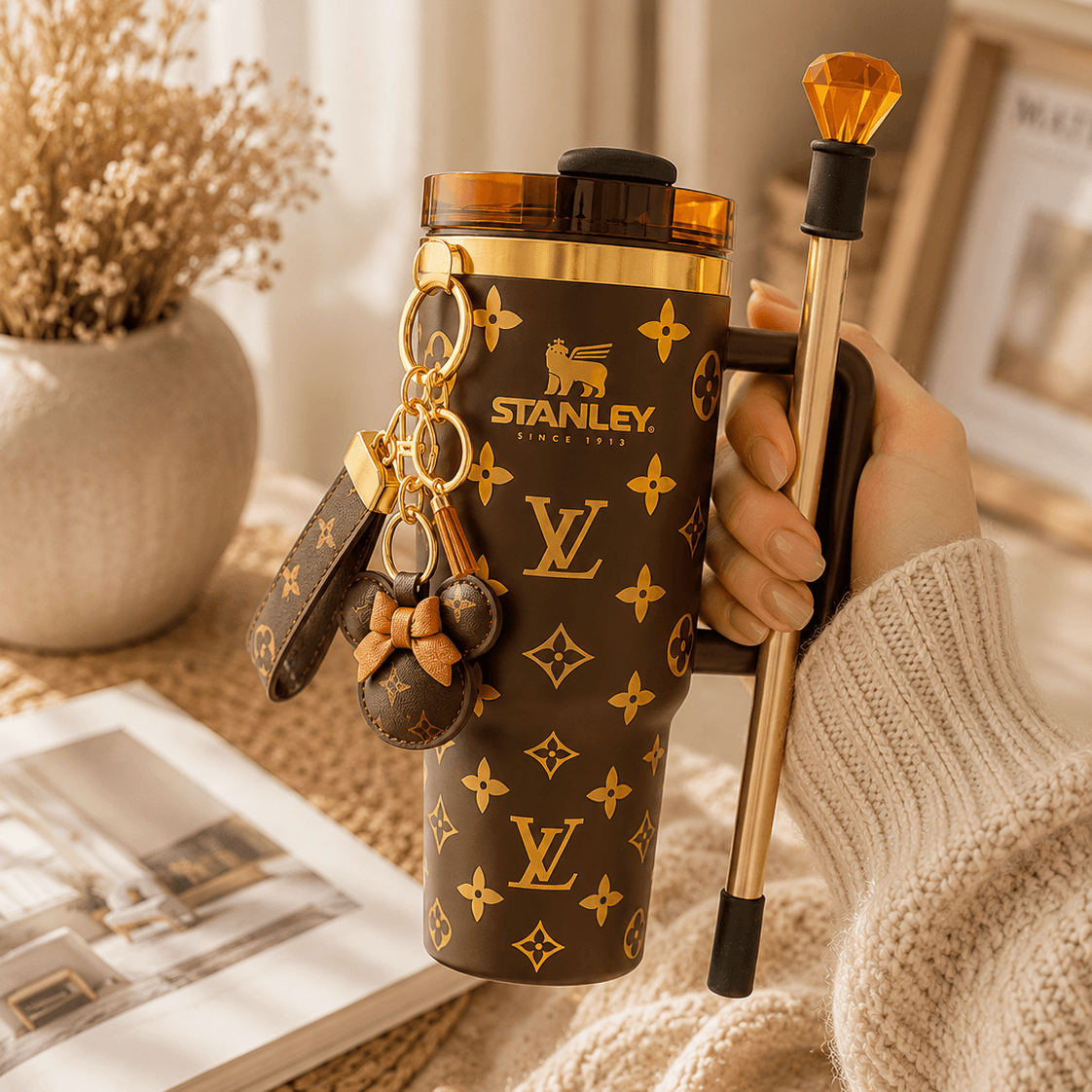 Hand holding a Stanley tumbler with Louis Vuitton pattern, keychain, and broom against a blurred indoor background.
