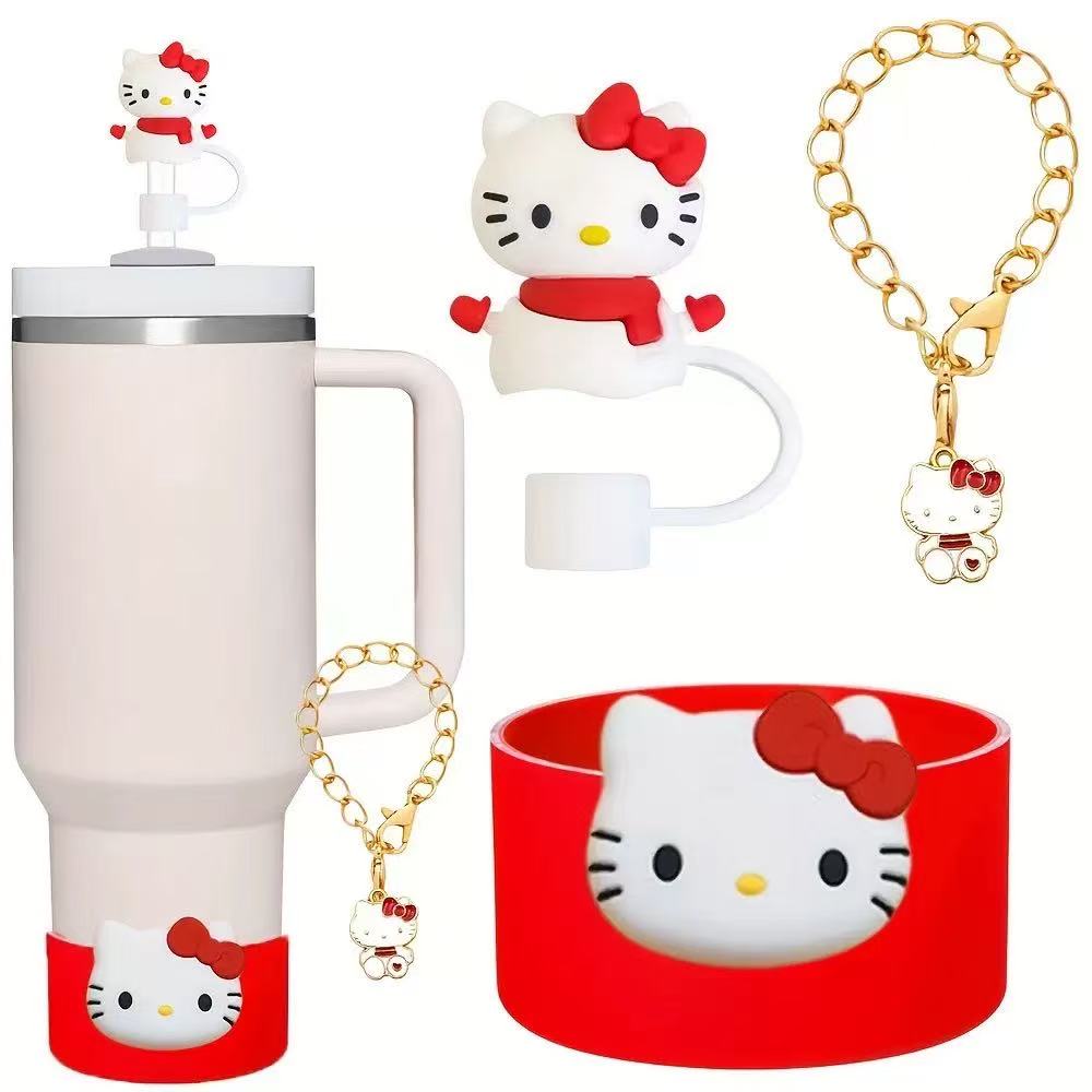 Collection of Hello Kitty-themed products including, phone case, keychain, and bracelet on a white background.