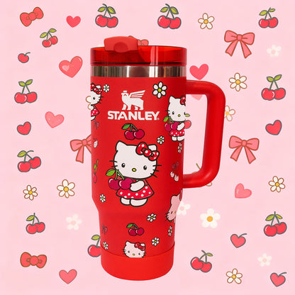 Stanley 40oz insulated tumbler with Hello Kitty illustrations, red background and handle, small hearts and bows accents