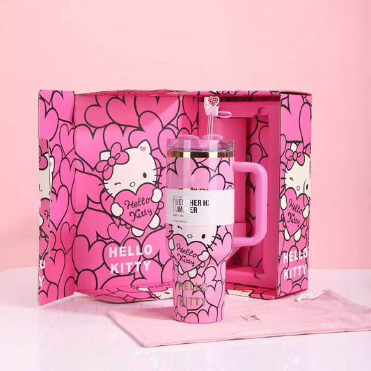 Stanley 40oz insulated tumbler featuring Hello Kitty pink doodle artwork, matching Hello Kitty gift box and pink ergonomic handle