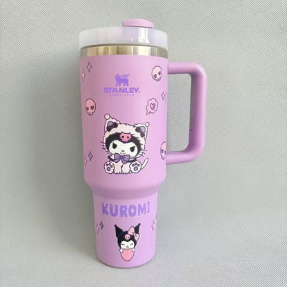 Stanley 40oz insulated tumbler featuring Kuromi character illustrations, pastel purple design