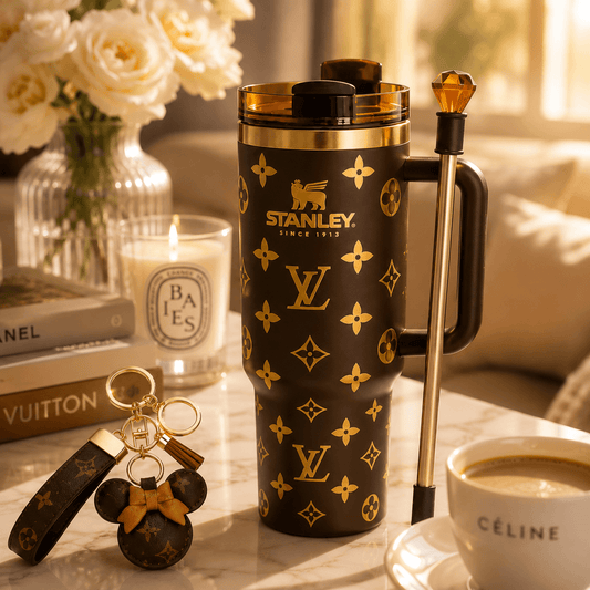 Stanley mug with Louis Vuitton pattern on a table with coffee and decor items