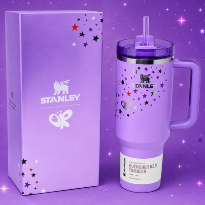 Stanley 40oz insulated tumbler with OPR purple design, stars and confetti pattern, matching gift box, purple straw and handle
