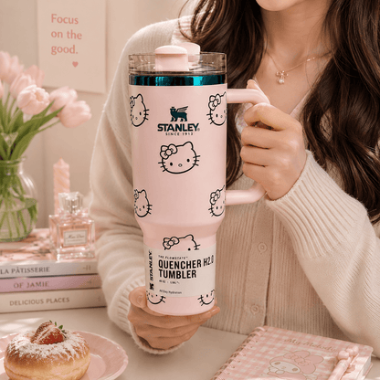 Person holding a pink Stanley tumbler with Hello Kitty designs in a cozy setting.