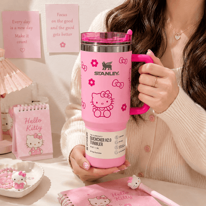 Person holding a pink Stanley Hello Kitty water bottle with stationery items in the background.