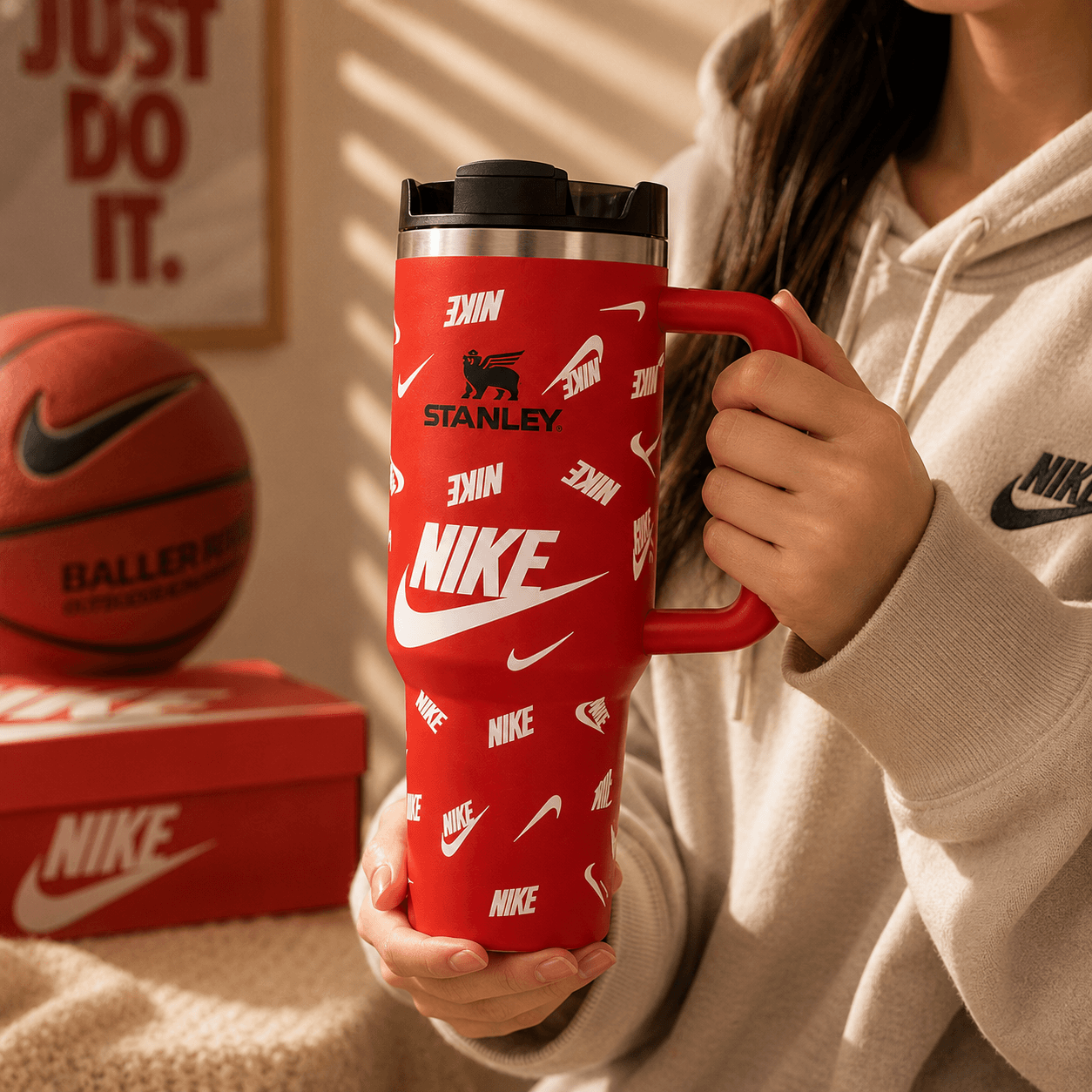 Person holding a red Stanley mug with Nike logos, with a basketball and Nike box in the background.