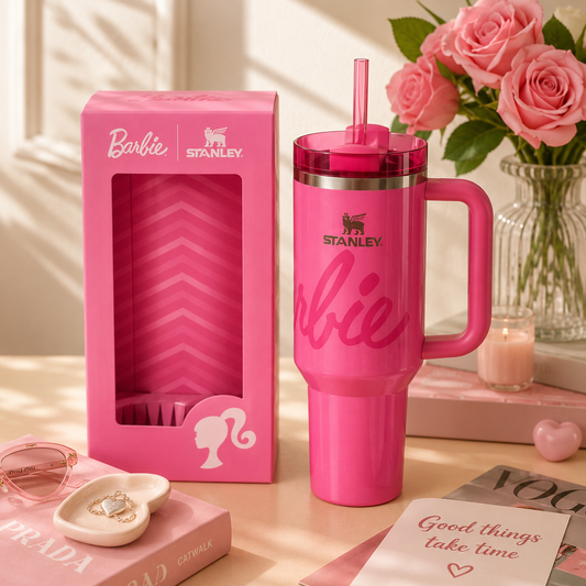 Pink Stanley tumbler with Barbie branding on a table with decorative items.