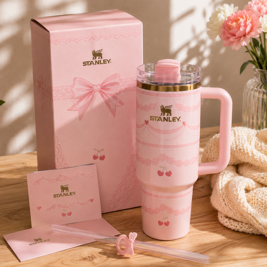 Pink Stanley tumbler with matching packaging on a wooden surface.