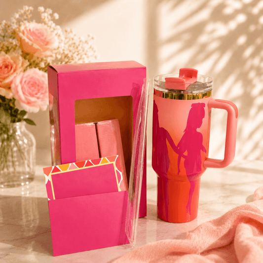 Pink mug with silhouette design and matching pink gift box on a wooden surface with flowers in the background.