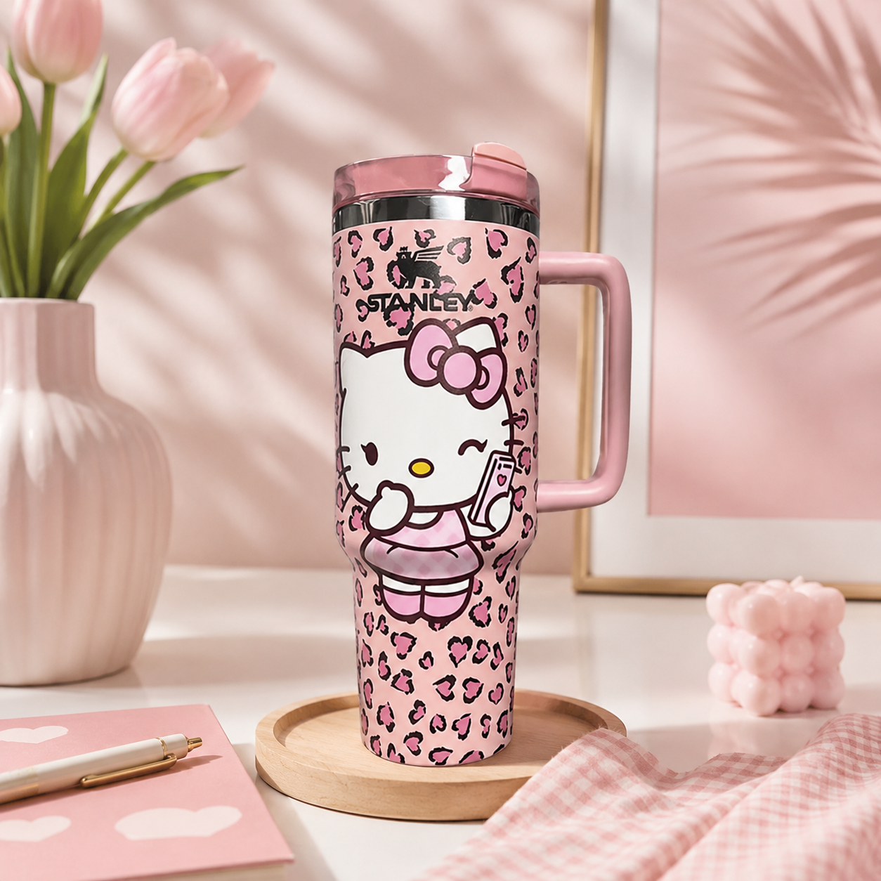 Pink travel mug with Hello Kitty design on a desk with flowers and stationery.