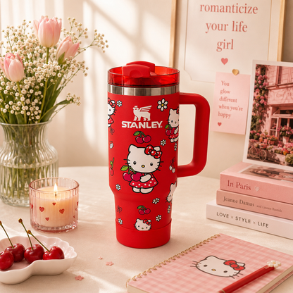 Red Stanley mug with Hello Kitty design on a table with flowers and books.
