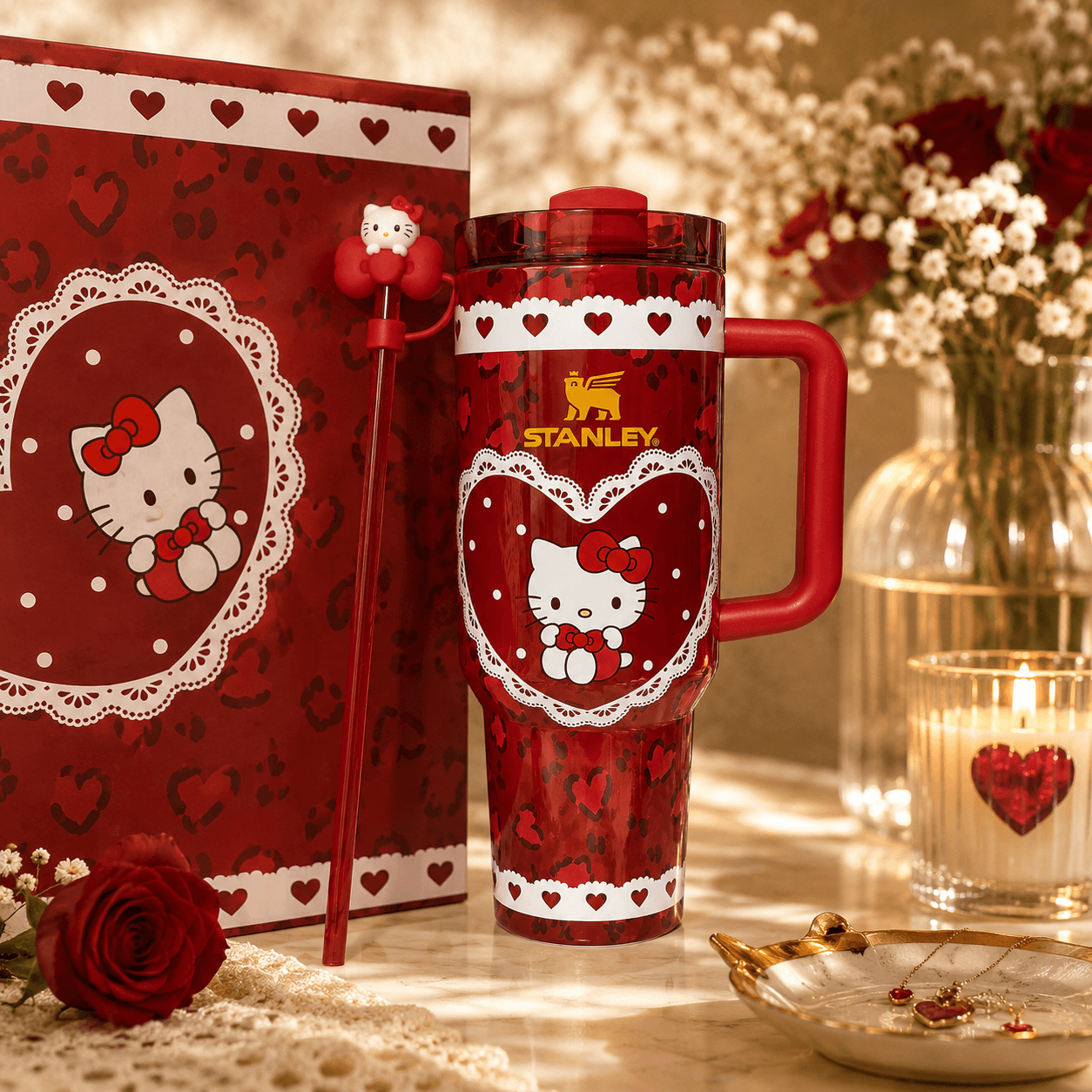 Red Stanley mug with Hello Kitty design next to a matching notebook on a decorative table.