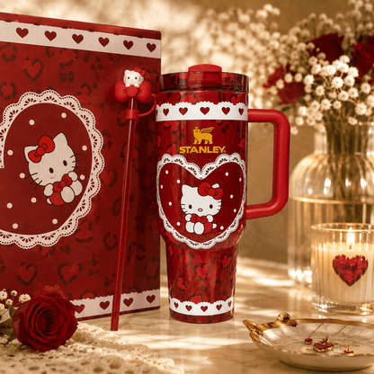 Red Stanley mug with Hello Kitty design next to a matching notebook on a decorative table.