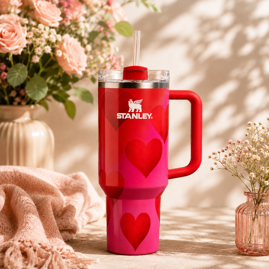 Red Stanley tumbler with heart design on a table with flowers in the background