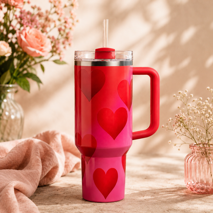 Red and pink tumbler with heart designs on a wooden surface with flowers in the background