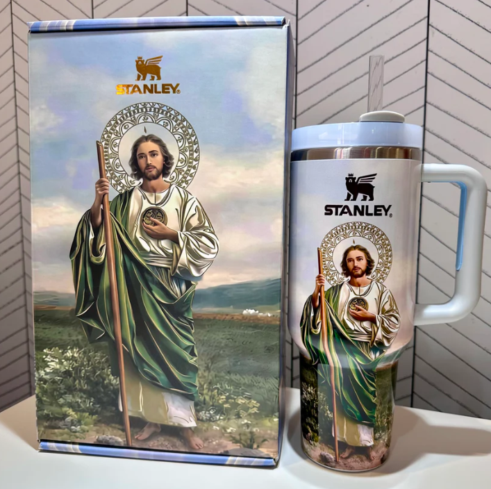 Stanley 40oz insulated tumbler featuring Saint Jude religious artwork, scenic background, matching gift box and white ergonomic handle