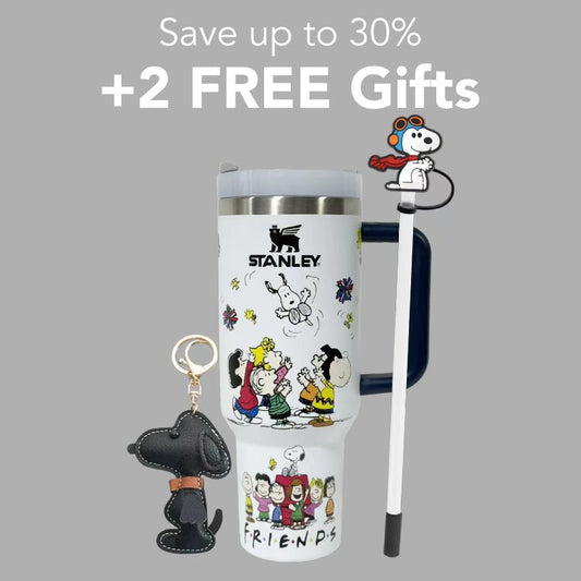 Stanley 40oz insulated tumbler featuring Snoopy and Woodstock artwork, comic-style graphics, matching straw topper and Snoopy keychain accessory