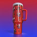Stanley 40oz insulated tumbler featuring Spider-Man comic artwork, red glitter background and red ergonomic handle