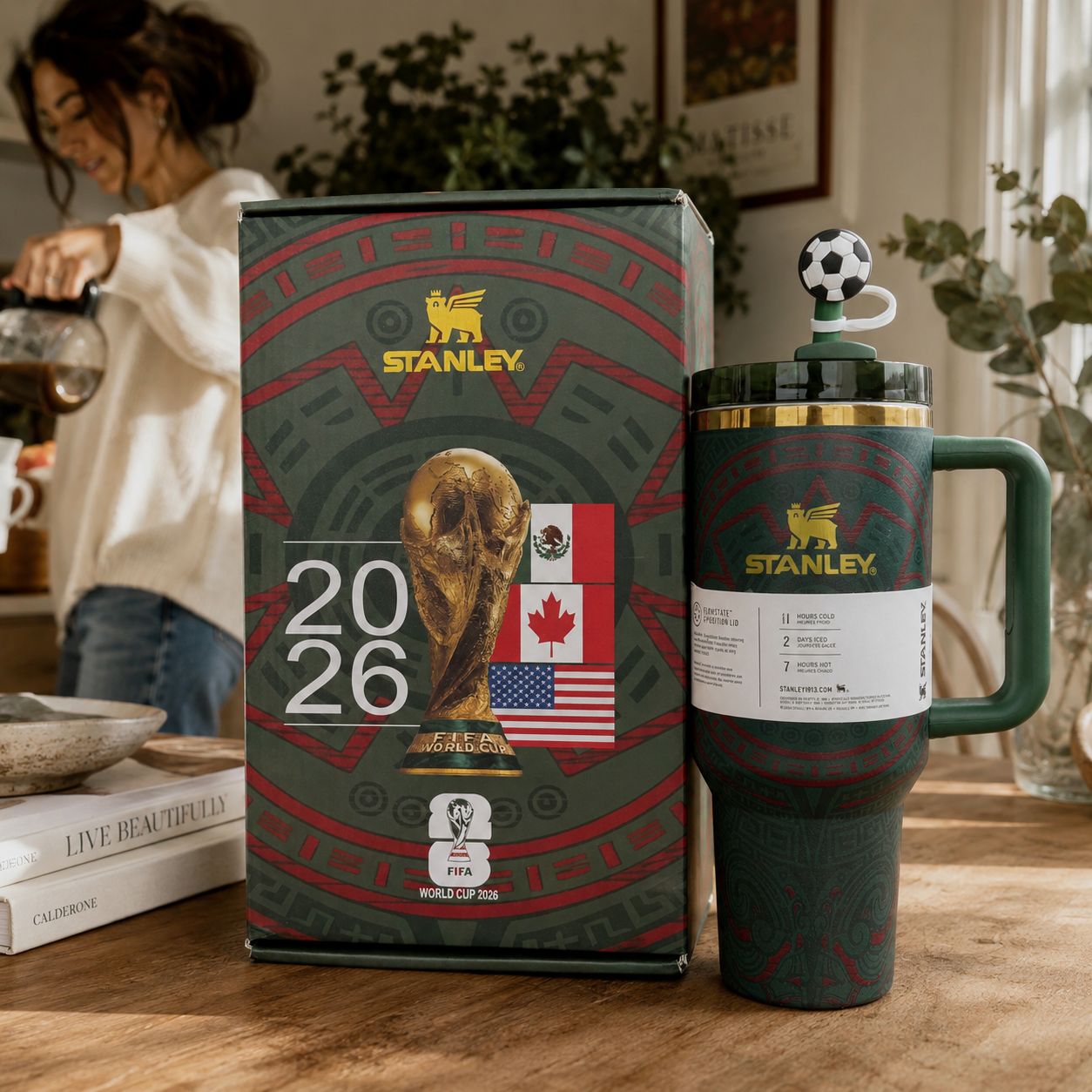 Stanley cup with World Cup 2026 design on a wooden table