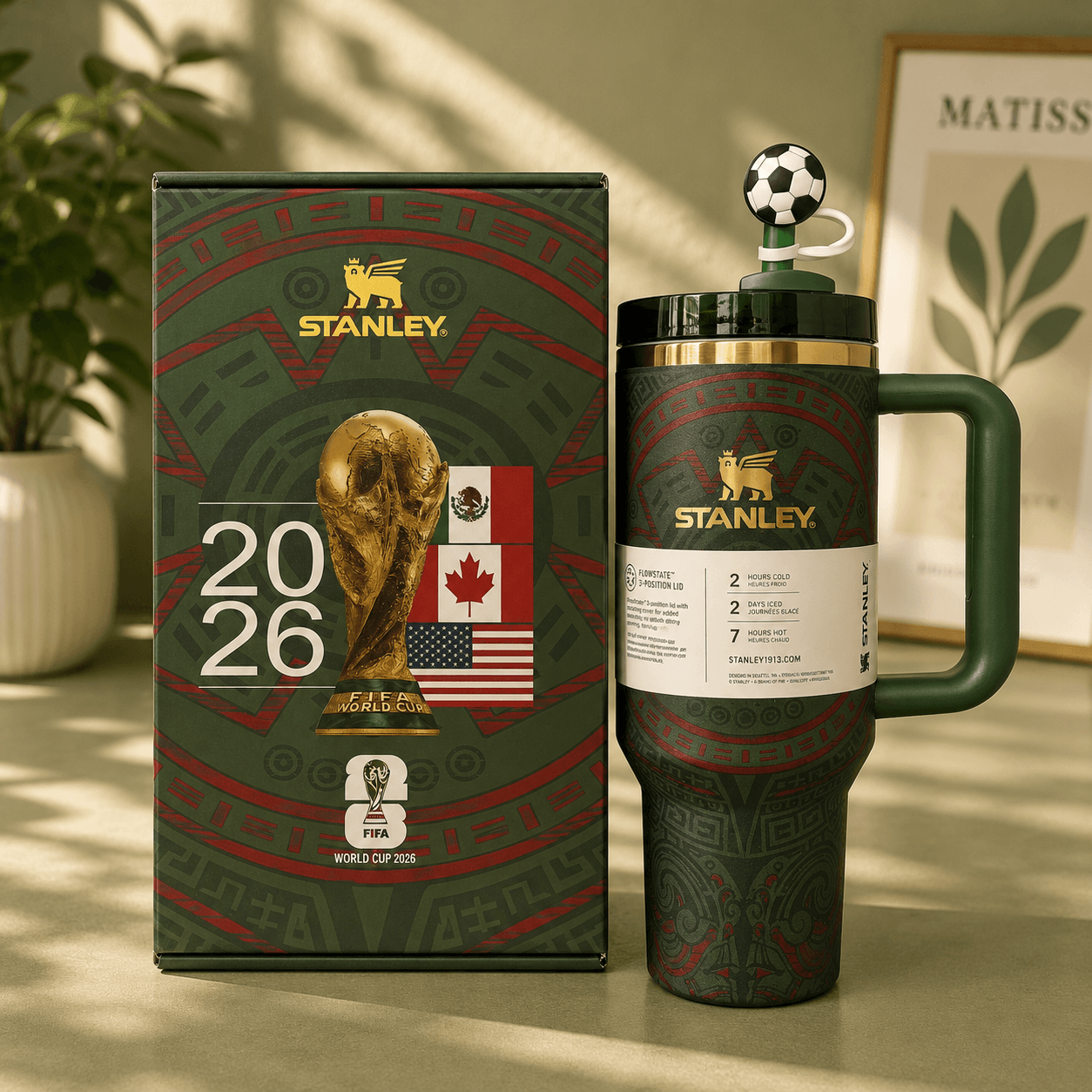 Stanley mug with FIFA World Cup 2026 design next to its packaging