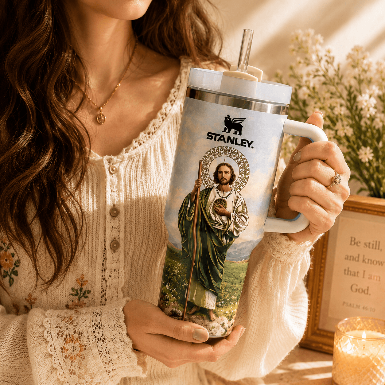 Person holding a Stanley mug with a religious design, surrounded by flowers and a framed quote.