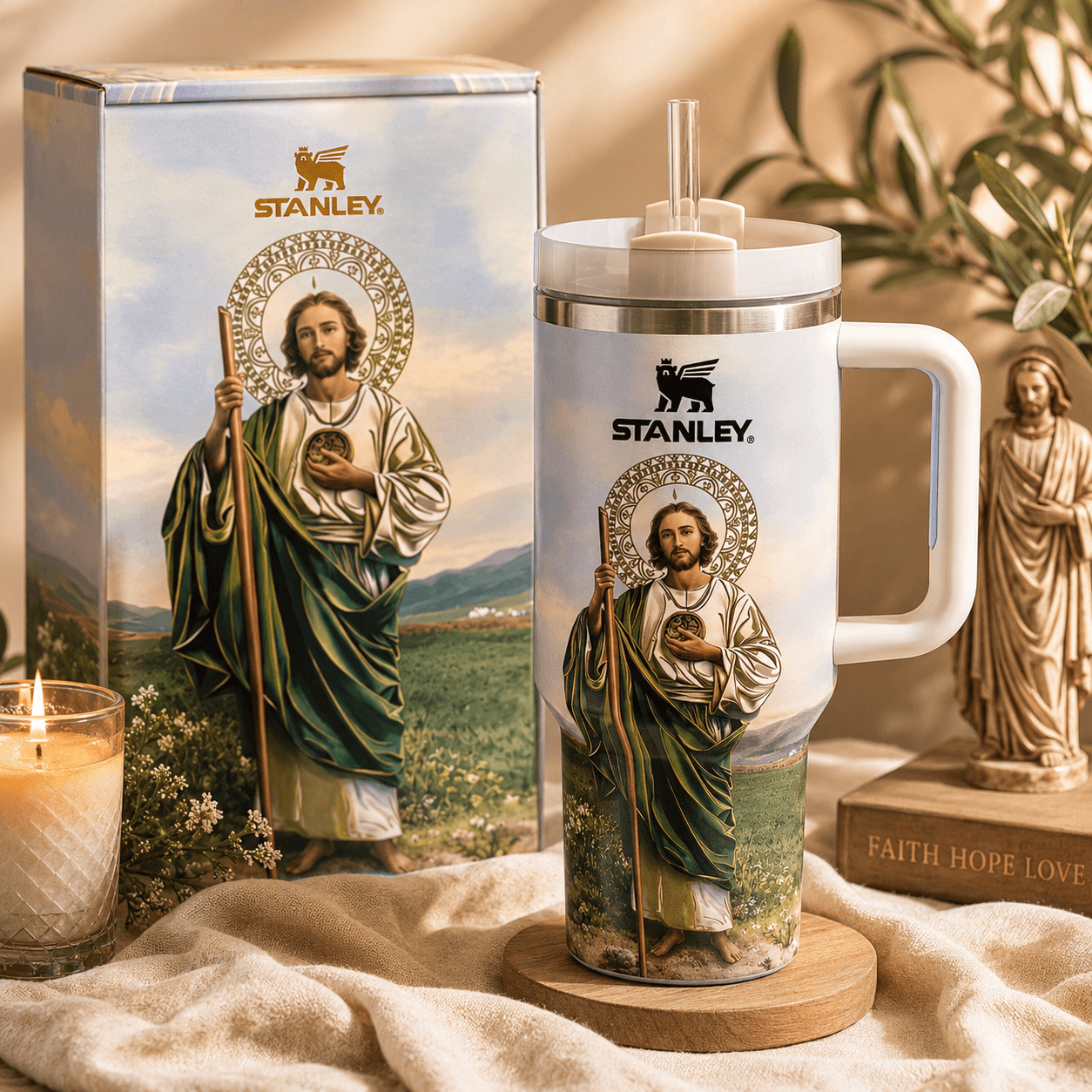 Stanley mug with religious design on a neutral background