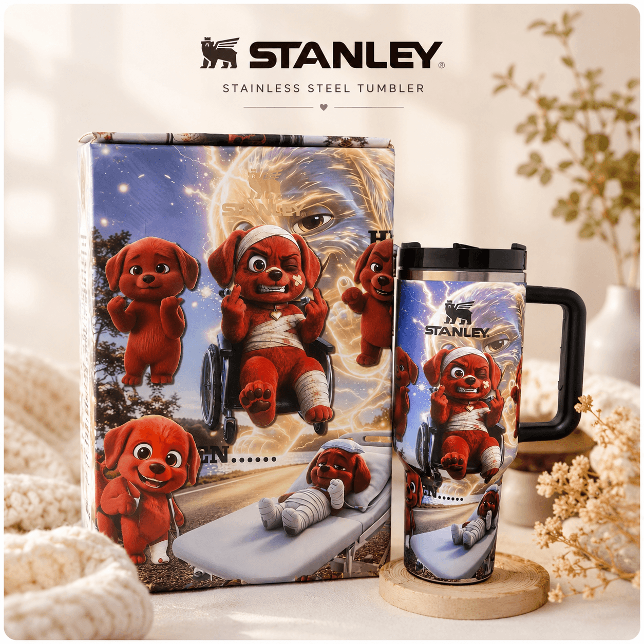 Stanley stainless steel tumbler with cartoon dog design on a decorative surface.