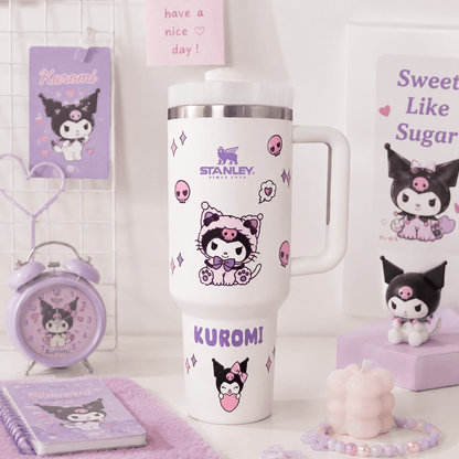 Stanley tumbler with Kuromi character design surrounded by matching stationery items on a white background.