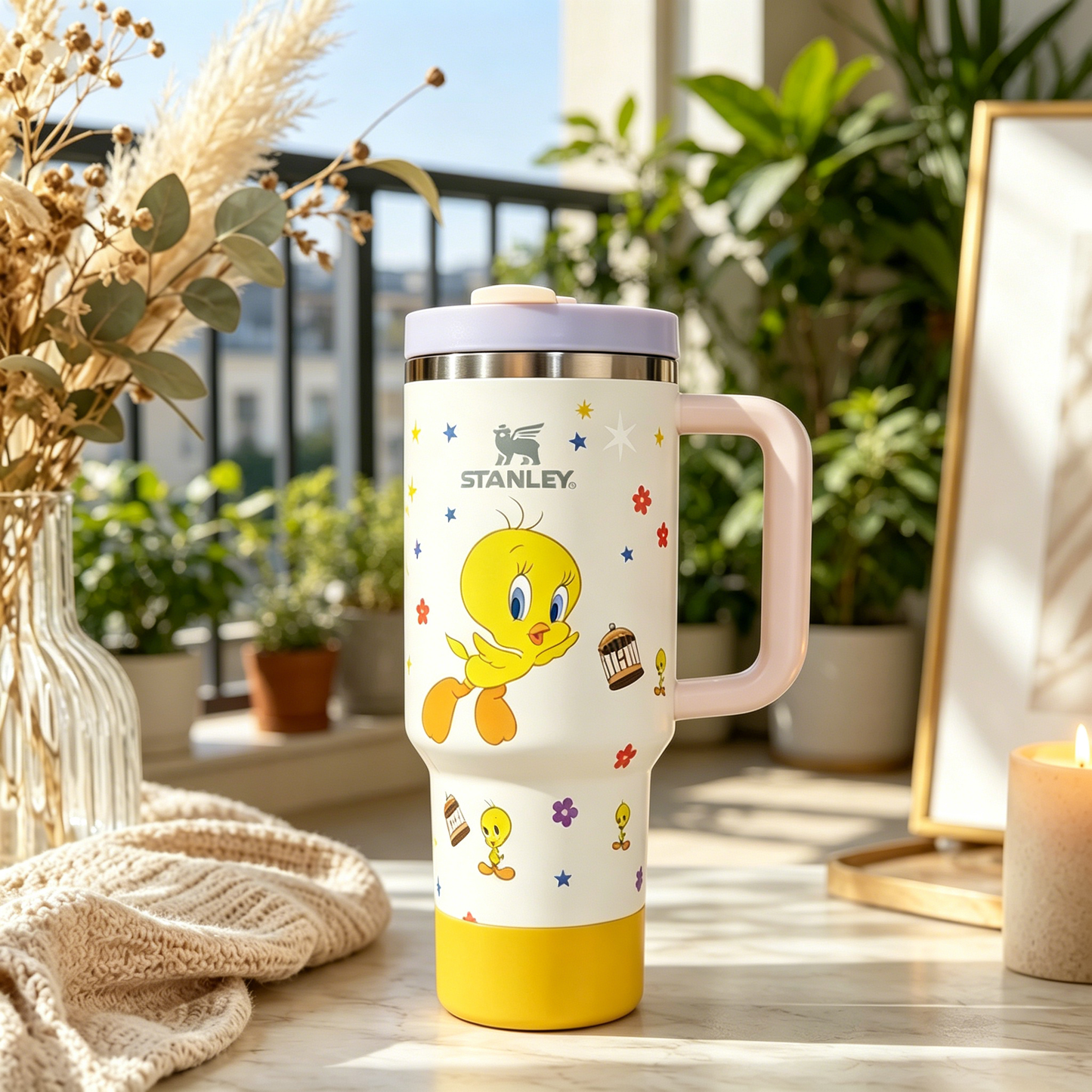 Stanley tumbler with cartoon character on a table with plants in the background