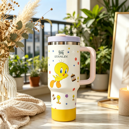 Stanley tumbler with cartoon character on a table with plants in the background