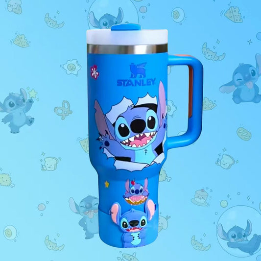 Stanley 40oz insulated tumbler featuring Stitch artwork on bright blue background, tropical accents and blue ergonomic handle