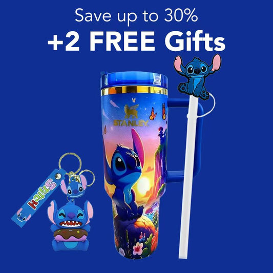 Stanley 40oz insulated tumbler featuring Stitch artwork on colorful galaxy background, includes matching straw topper and keychain accessory