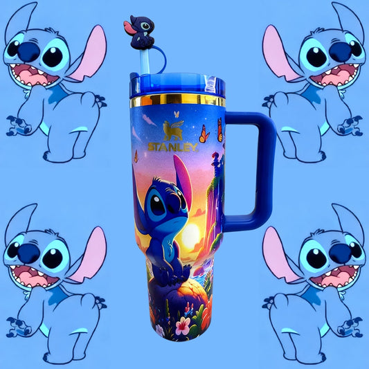 Stanley 40oz insulated tumbler featuring Stitch artwork on galaxy-inspired blue background, blue ergonomic handle 