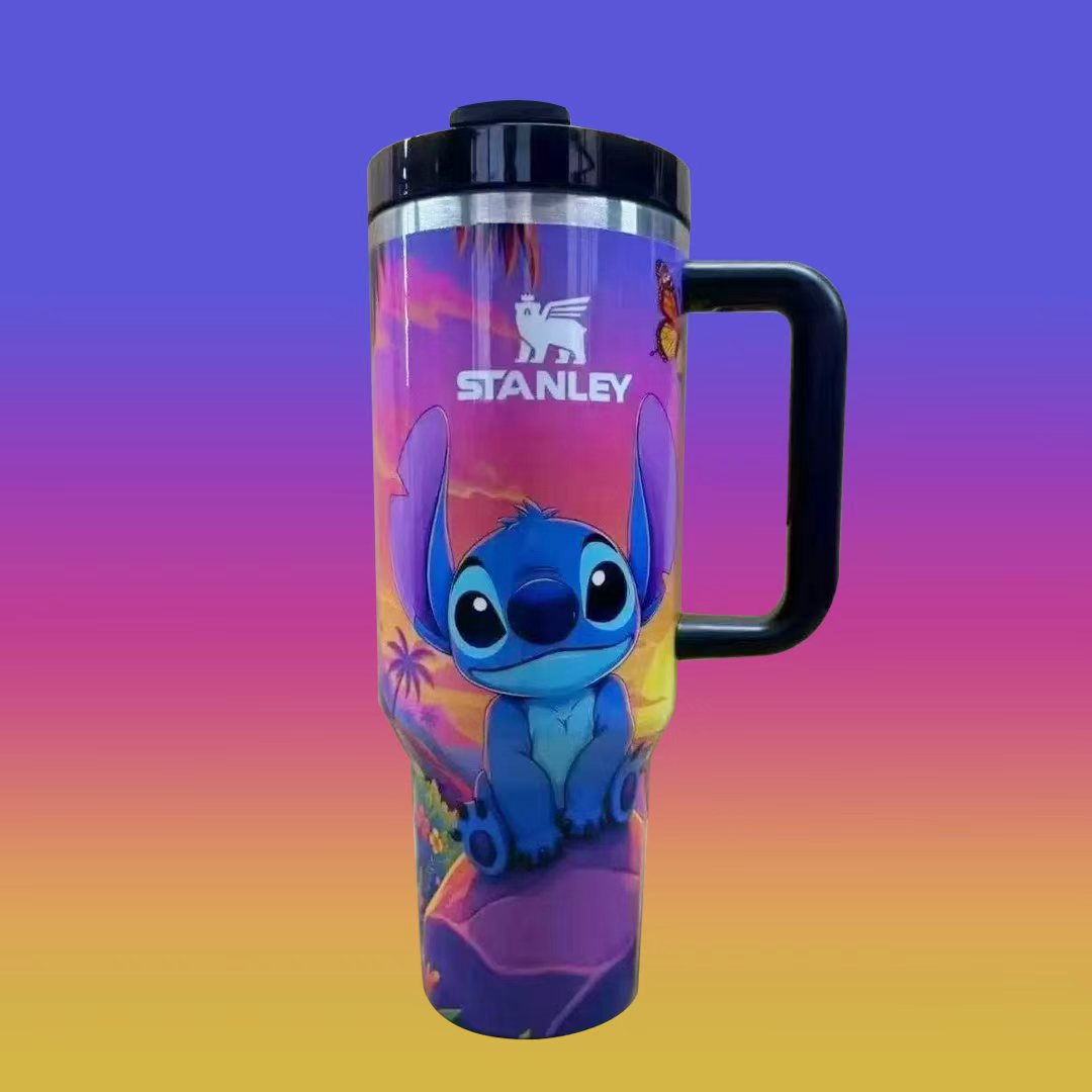 Stanley 40oz insulated tumbler featuring Stitch character on purple to orange gradient background, black handle
