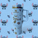 Stanley 40oz insulated tumbler featuring Stitch character illustrations, tropical leaves, and hibiscus flowers, white handle