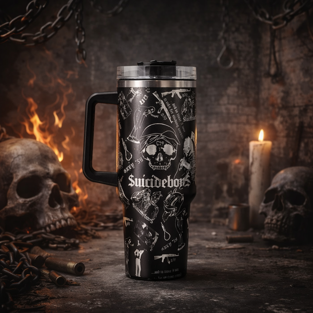 Stanley 40oz insulated tumbler with Suicideboys skull artwork, black gothic design, white graphic illustrations and black ergonomic handle