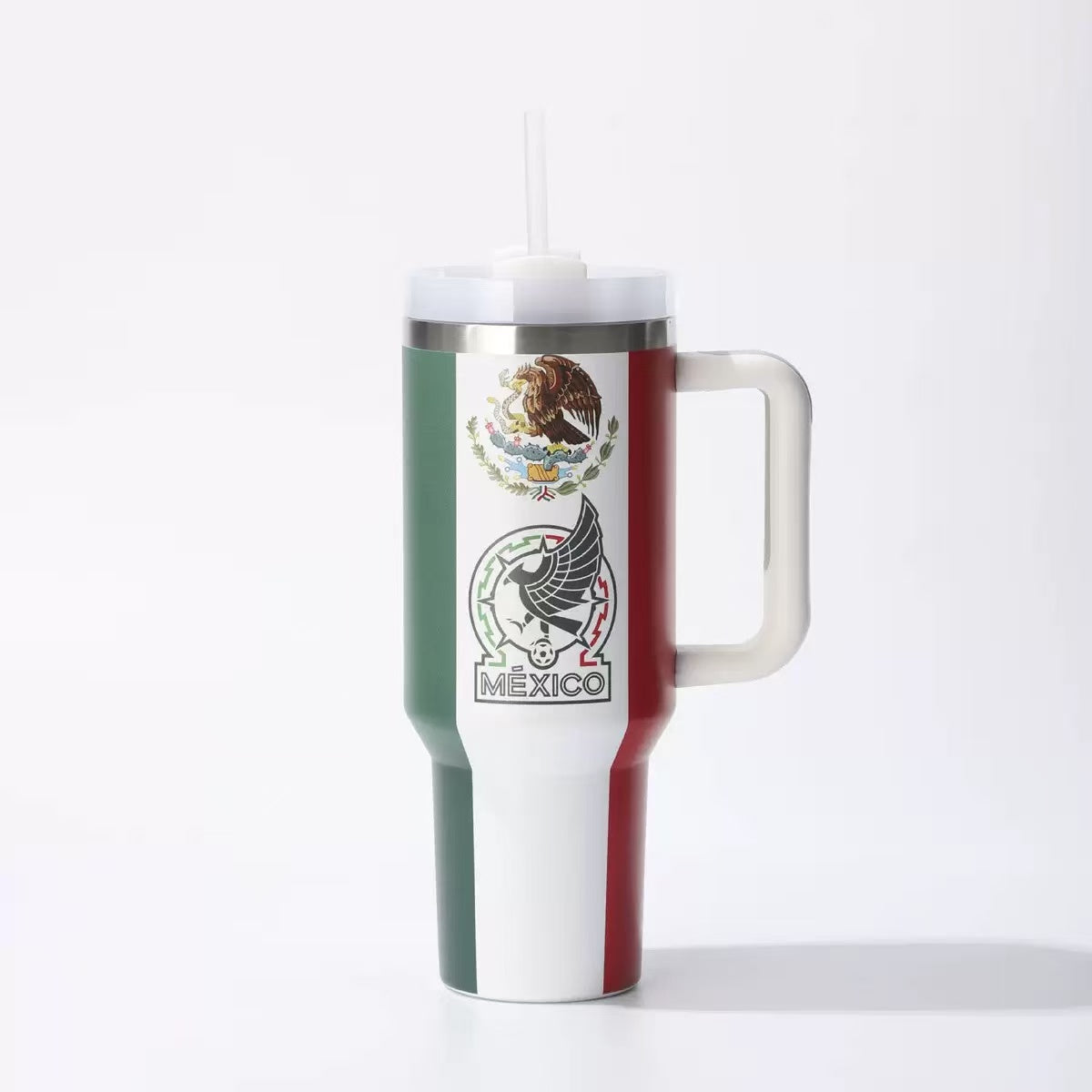 Travel mug with Mexican flag design on a white background