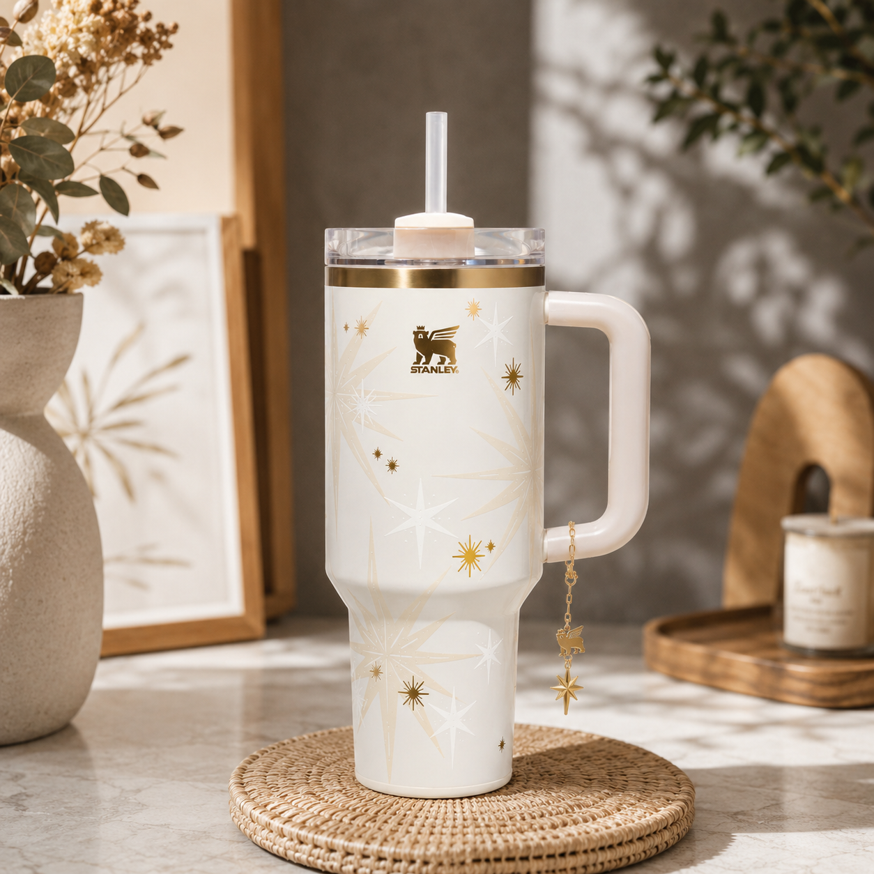 White tumbler with gold accents on a woven coaster, surrounded by decorative elements.
