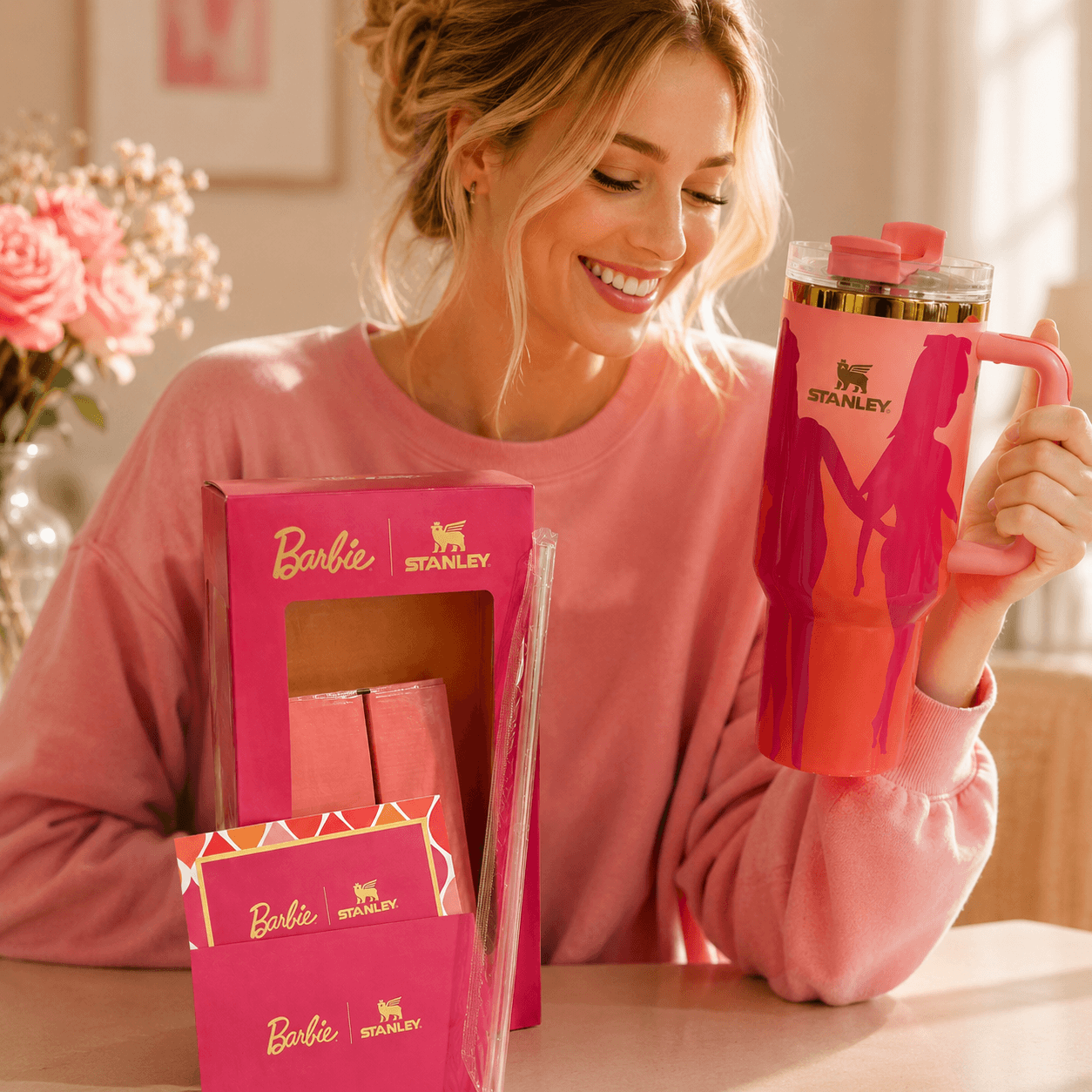 Woman holding a pink Stanley mug with Barbie design, next to matching pink packaging.