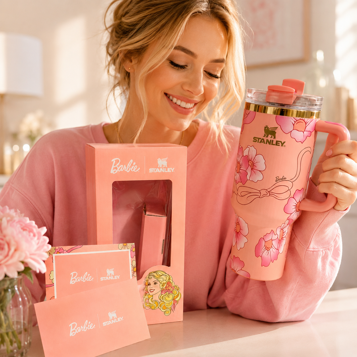Woman holding a pink Stanley tumbler with floral design, surrounded by matching Barbie-themed products.